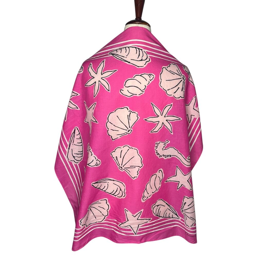 1970s VTG Christian Dior Scarf Pink Seashell Cotton Square 30" Starfish Seahorse - Picture 2 of 9